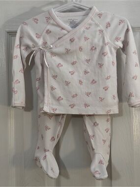 Ralph Lauren Baby Girl White and Pink Teddy Bear Two Piece Kimono Pajama Set